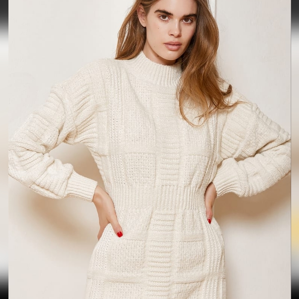 Patch work cream cable knit sweater dress